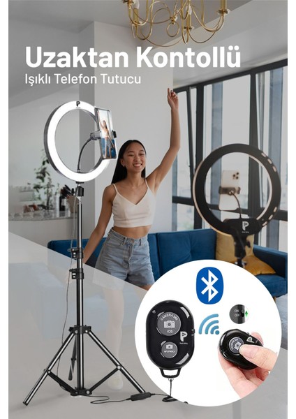 Kumandalı Youtuber Tiktok Çekim Işıklı Telefon Tutucu Makyaj Işığı Ring Light 10 Inç + 2.1 M Tripod