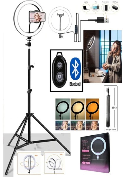 Kumandalı Youtuber Tiktok Çekim Işıklı Telefon Tutucu Makyaj Işığı Ring Light 10 Inç + 2.1 M Tripod