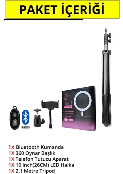 Kumandalı Youtuber Tiktok Çekim Işıklı Telefon Tutucu Makyaj Işığı Ring Light 10 Inç + 2.1 M Tripod