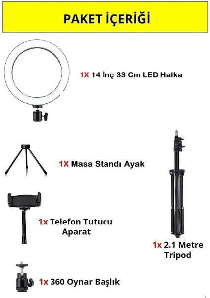 Ring Light Youtuber Tiktok Çekim Telefon Tutucu Makyaj Işığı Tripod+ Masa Ayaklı 14 Inç +2.1 mt