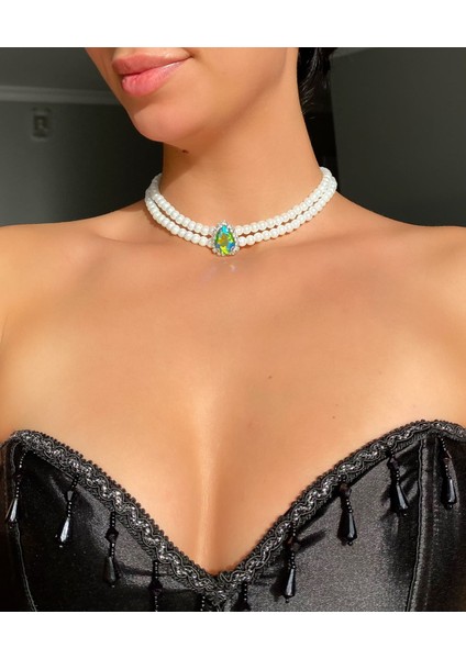Mavi-Yeşil Hologram Taşlı Inci Choker