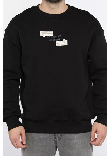 Erkek Bisiklet Yaka Baskılı Üç Iplik Şardonlu Sweatshirt