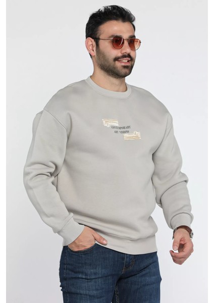 Erkek Bisiklet Yaka Baskılı Üç Iplik Şardonlu Sweatshirt