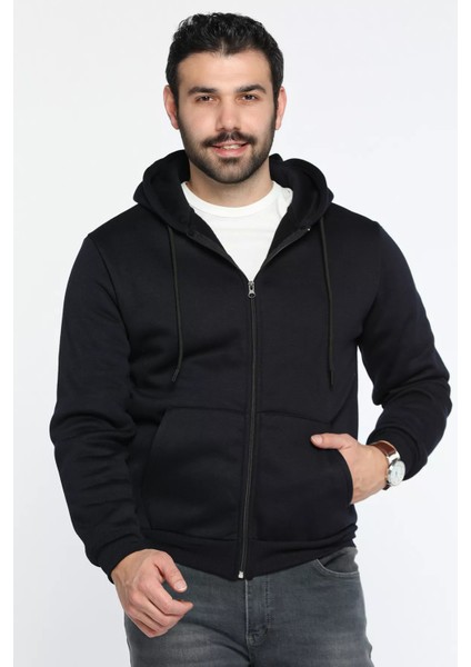 Kapüşonlu Fermuarlı 3 Iplik Şardonlu Sweatshirt