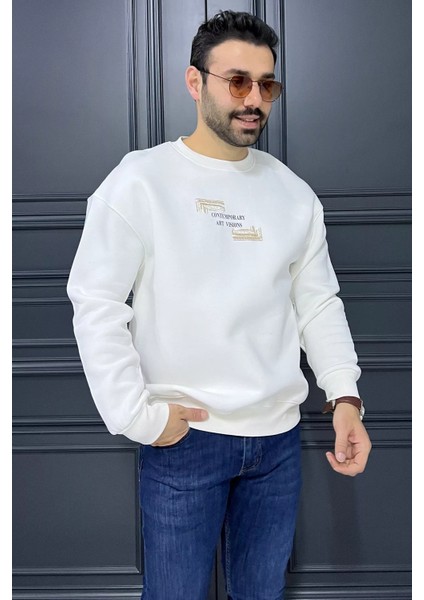 Erkek Bisiklet Yaka Baskılı Üç Iplik Şardonlu Sweatshirt