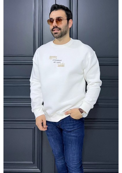Erkek Bisiklet Yaka Baskılı Üç Iplik Şardonlu Sweatshirt modelleri