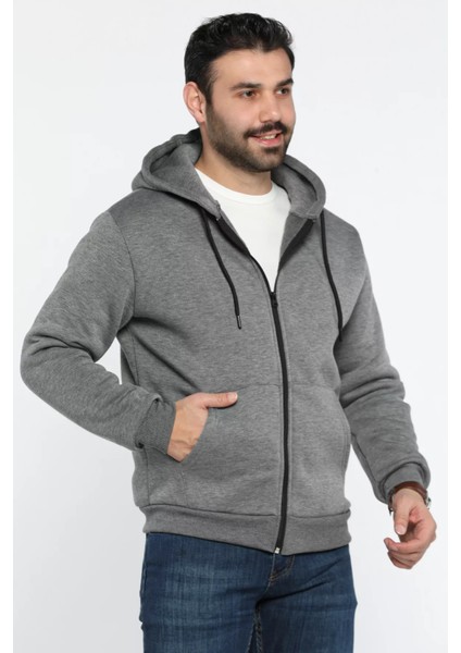 Kapüşonlu Fermuarlı 3 Iplik Şardonlu Sweatshirt