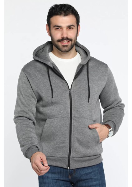 Kapüşonlu Fermuarlı 3 Iplik Şardonlu Sweatshirt