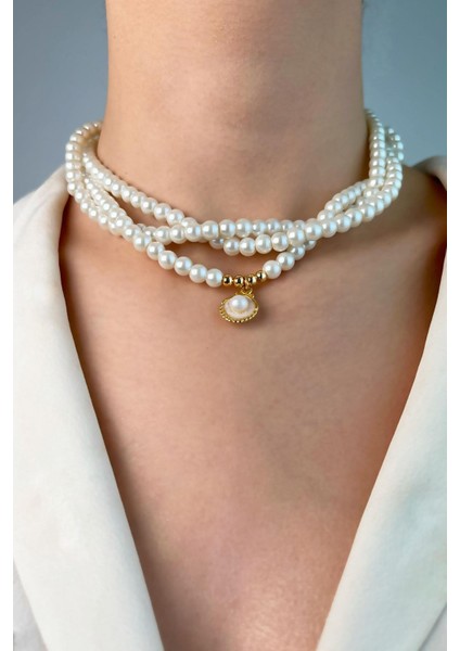 Gold Istiridye Uçlu Sarmal Inci Kolye - Beyaz