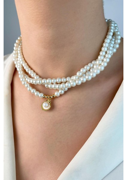 Gold Istiridye Uçlu Sarmal Inci Kolye - Beyaz modelleri