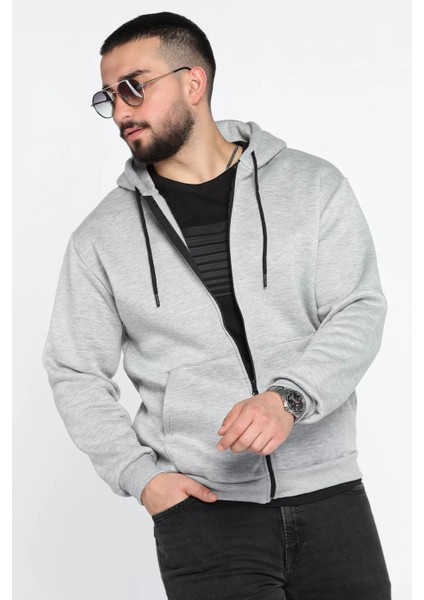 Kapüşonlu Fermuarlı 3 Iplik Şardonlu Sweatshirt