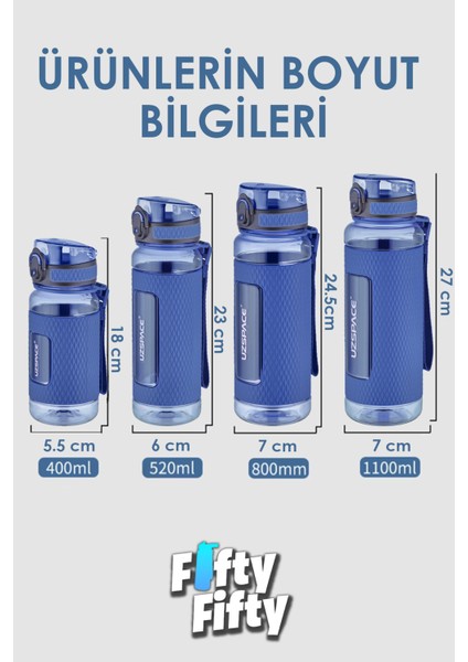 Fiftyfifty 1100ML Mega Büyük Boy Tritan Su Matarası Silikon Korumalı Kaydırmaz Gövde