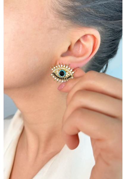Zirkon Taşlı Göz Model Küpe - Gold