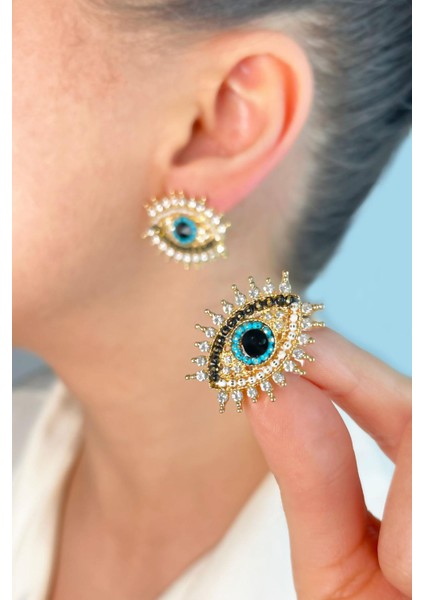 Zirkon Taşlı Göz Model Küpe - Gold