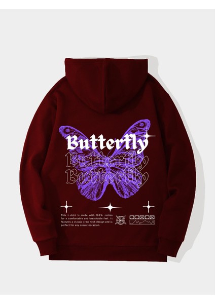 Butterfly Baskılı Kapüşonlu Içi Yumuşak Polarlı Oversize Sweatshirt - Bordo