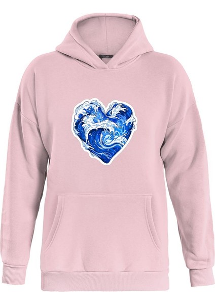 Ocen Heart Baskılı Kapüşonlu Içi Yumuşak Polarlı Oversize Sweatshirt - Pembe
