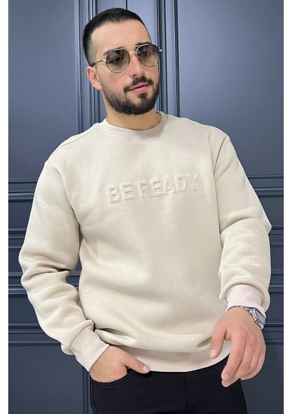 Kabartma Yazılı Bisiklet Yaka Erkek Sweatshirt