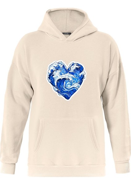 Ocen Heart Baskılı Kapüşonlu Içi Yumuşak Polarlı Oversize Sweatshirt - Bej
