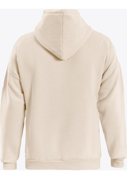 Ocen Heart Baskılı Kapüşonlu Içi Yumuşak Polarlı Oversize Sweatshirt - Bej