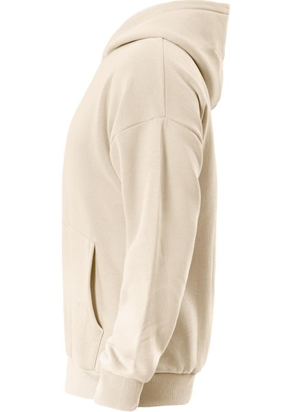 Ocen Heart Baskılı Kapüşonlu Içi Yumuşak Polarlı Oversize Sweatshirt - Bej