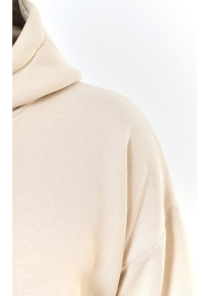 Ocen Heart Baskılı Kapüşonlu Içi Yumuşak Polarlı Oversize Sweatshirt - Bej