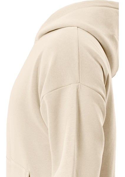 Ocen Heart Baskılı Kapüşonlu Içi Yumuşak Polarlı Oversize Sweatshirt - Bej