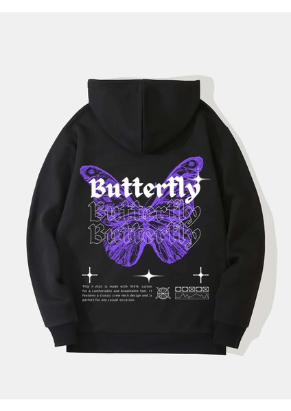Butterfly Baskılı Kapüşonlu Içi Yumuşak Polarlı Oversize Sweatshirt - Siyah