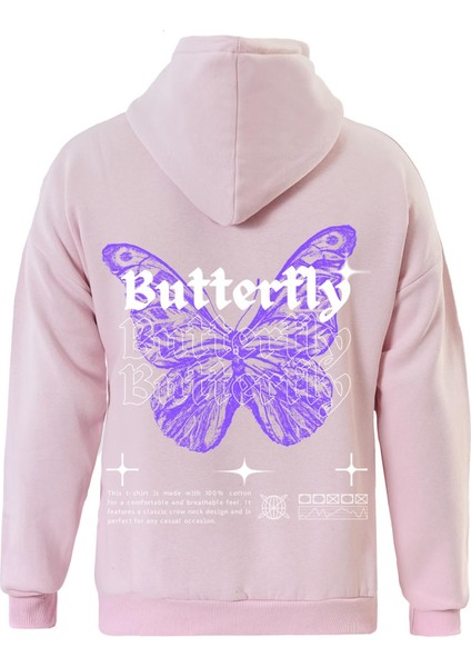Butterfly Baskılı Kapüşonlu Içi Yumuşak Polarlı Oversize Sweatshirt - Pembe