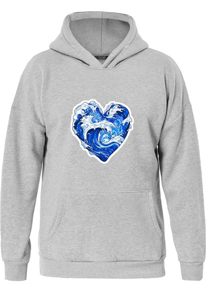 Ocen Heart Baskılı Kapüşonlu Içi Yumuşak Polarlı Oversize Sweatshirt - Gri