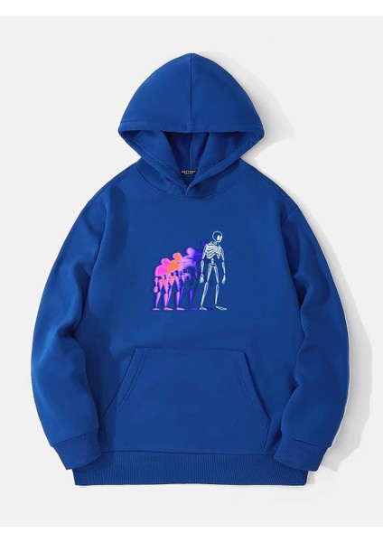 Colorful Skeleton Baskılı Kapüşonlu Içi Yumuşak Polarlı Oversize Sweatshirt - Saks Mavisi