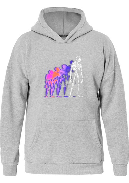 Colorful Skeleton Baskılı Kapüşonlu Içi Yumuşak Polarlı Oversize Sweatshirt - Gri