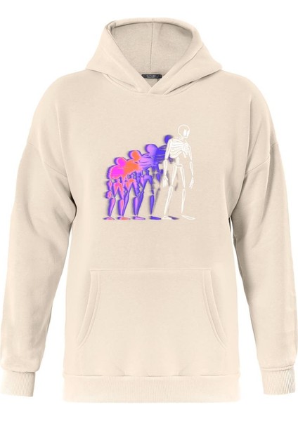 Colorful Skeleton Baskılı Kapüşonlu Içi Yumuşak Polarlı Oversize Sweatshirt - Bej