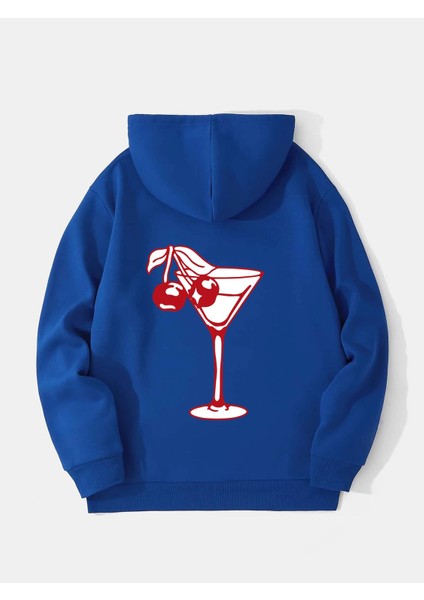 Cherry Cocktail Baskılı Kapüşonlu Içi Yumuşak Polarlı Oversize Sweatshirt - Saks Mavisi