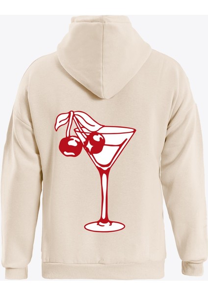 Cherry Cocktail Baskılı Kapüşonlu Içi Yumuşak Polarlı Oversize Sweatshirt - Bej