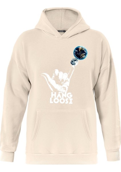 Hang Loose Baskılı Kapüşonlu Içi Yumuşak Polarlı Oversize Sweatshirt - Bej