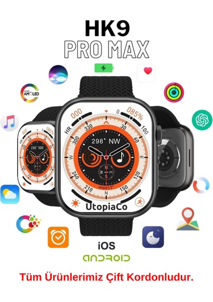 Hk9 Pro Max Siyah Gen4 Amoled 49MM Yapay Zeka Destekli Kulaklık Bağlama Akıllı Saat