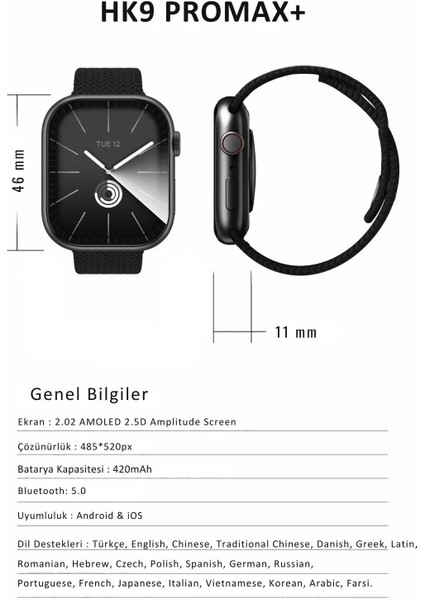 Hk9 Pro Max Siyah Gen4 Amoled 49MM Yapay Zeka Destekli Kulaklık Bağlama Akıllı Saat