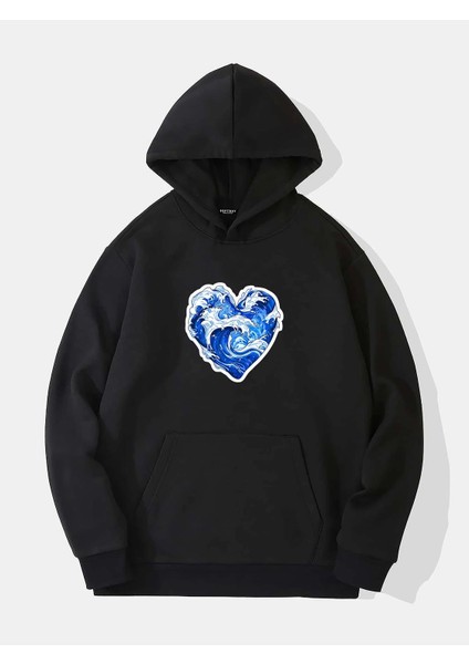 Ocen Heart Baskılı Kapüşonlu Içi Yumuşak Polarlı Oversize Sweatshirt - Siyah