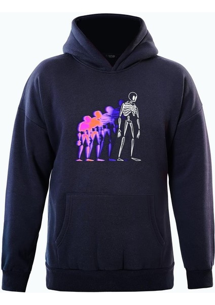 Colorful Skeleton Baskılı Kapüşonlu Içi Yumuşak Polarlı Oversize Sweatshirt - Lacivert