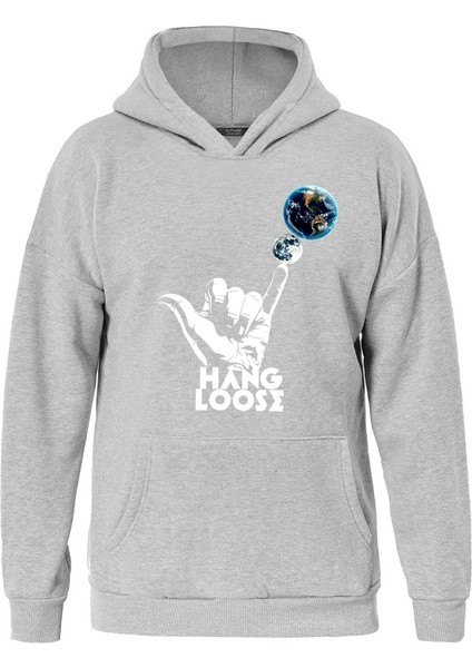 Hang Loose Baskılı Kapüşonlu Içi Yumuşak Polarlı Oversize Sweatshirt - Gri