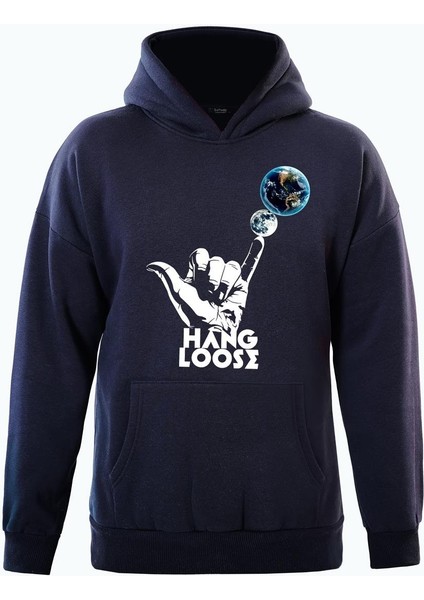 Hang Loose Baskılı Kapüşonlu Içi Yumuşak Polarlı Oversize Sweatshirt - Lacivert