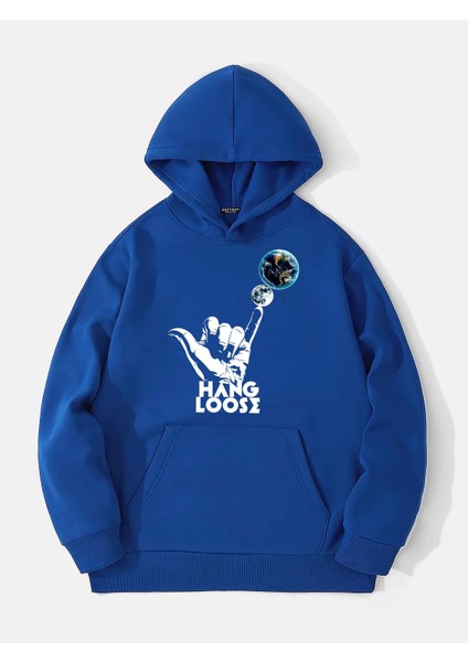 Hang Loose Baskılı Kapüşonlu Içi Yumuşak Polarlı Oversize Sweatshirt - Saks Mavisi