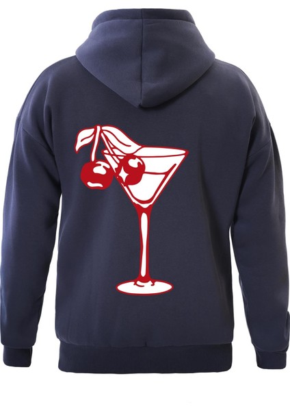 Cherry Cocktail Baskılı Kapüşonlu Içi Yumuşak Polarlı Oversize Sweatshirt - Lacivert