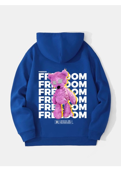 Freedom Baskılı Kapüşonlu Içi Yumuşak Polarlı Oversize Sweatshirt - Saks Mavisi