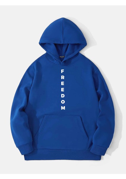 Freedom Baskılı Kapüşonlu Içi Yumuşak Polarlı Oversize Sweatshirt - Saks Mavisi fiyatları