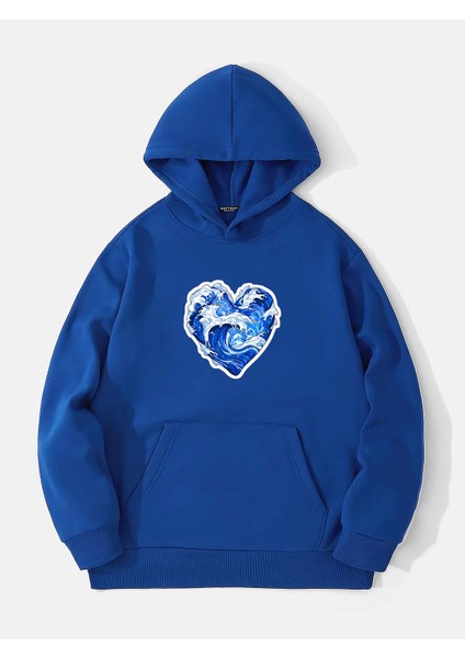 Ocen Heart Baskılı Kapüşonlu Içi Yumuşak Polarlı Oversize Sweatshirt - Saks Mavisi