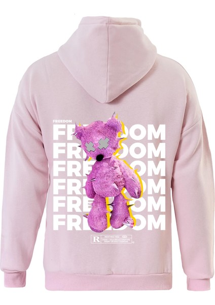 Freedom Baskılı Kapüşonlu Içi Yumuşak Polarlı Oversize Sweatshirt - Pembe