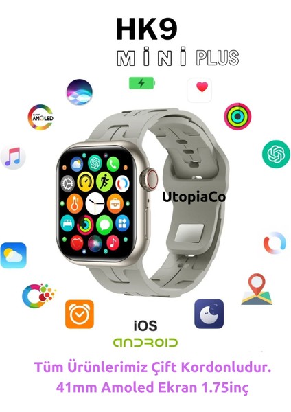 Hk9 Mini+ Plus Krem Kasa 41MM Amoled Ekran Kulaklık Eşleme Arama Bildirim Okuma Kadın Akıllı Saat