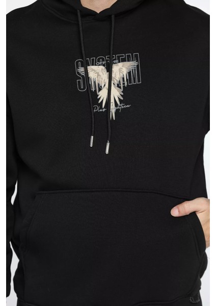 Üç Iplik Şardonlu Kapüşonlu Kartal Baskılı Erkek Sweatshirt