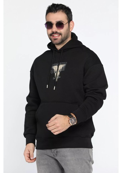 Üç Iplik Şardonlu Kapüşonlu Kartal Baskılı Erkek Sweatshirt fiyatları